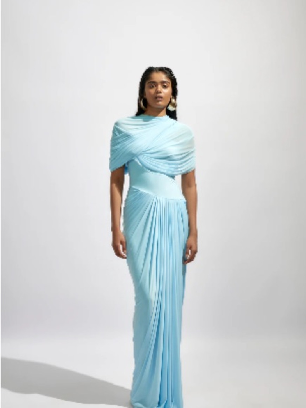 Deme by Gabriella Jasmine Draped Sky Blue Maxi Evening Gown